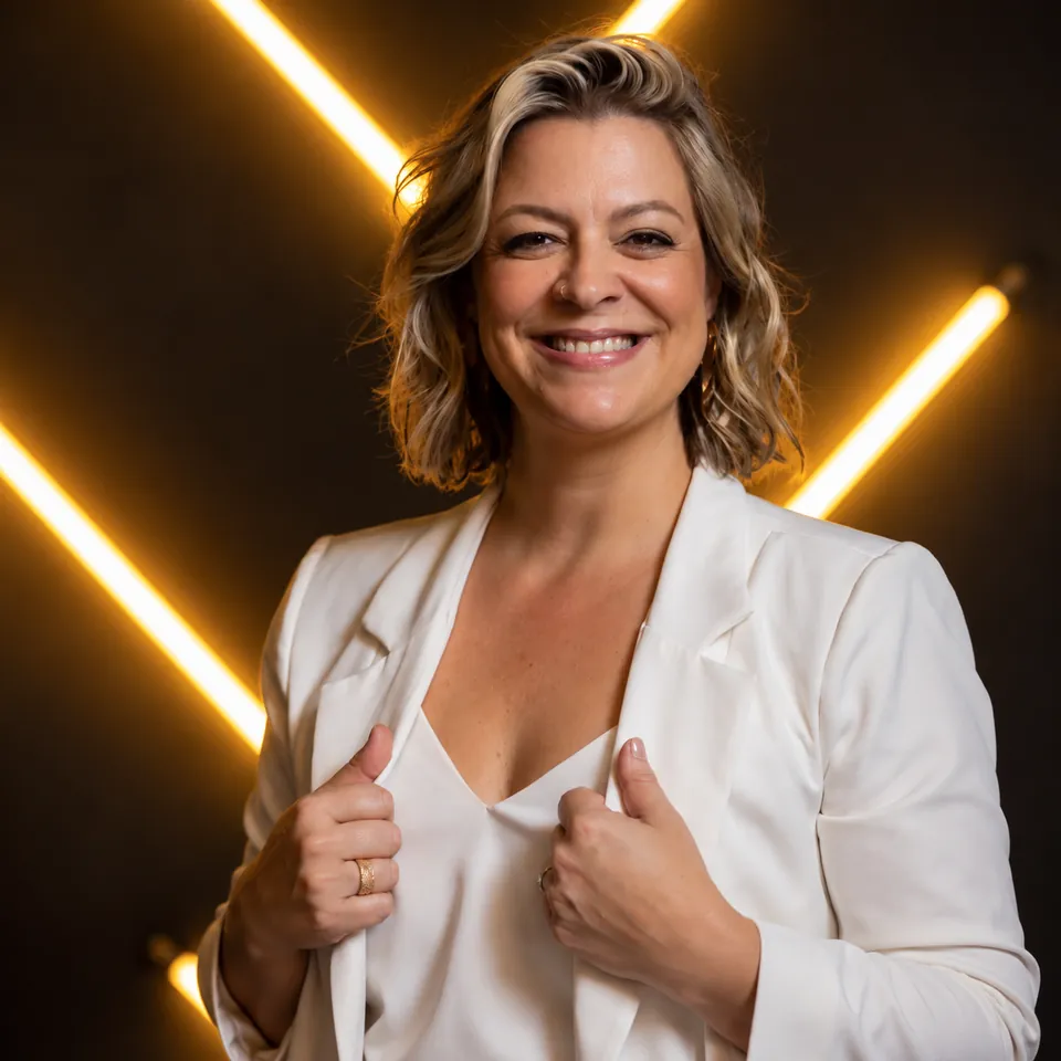 Michelle Raphaelli sorrindo, de blazer branco, em frente a um painel com luzes