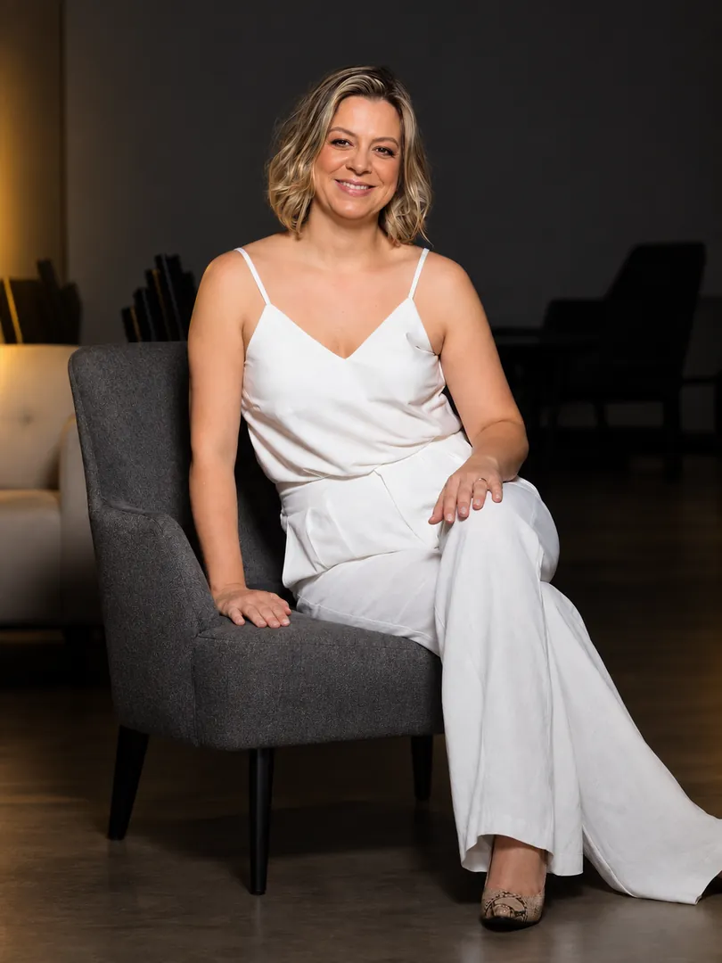 Retrato de Michelle Raphaelli sentada em uma poltrona cinza, vestida de branco
